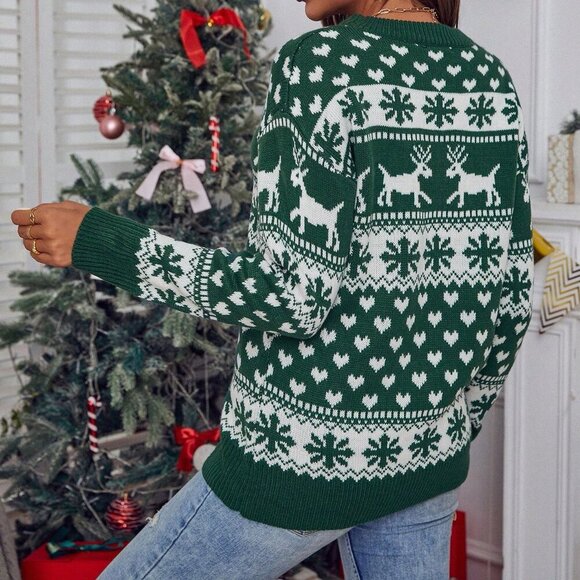Green Casual Women's Christmas Elk & Heart Knit Pullover Pattern Sweater - Picture 2 of 6